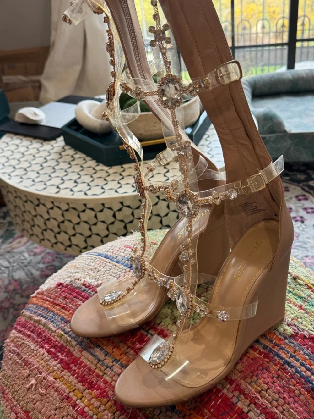 🤎💎 Crystal‎ Embellished Clear Gladiator Wedge Sandals - Nude